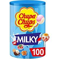 Los mejores  - Chupa Chups - Tubo de 100 Sucettes Lait - Parfums Choco-Vanille- Lait-Fraise- Caramel - Sans Gluten- 0% de Matières…